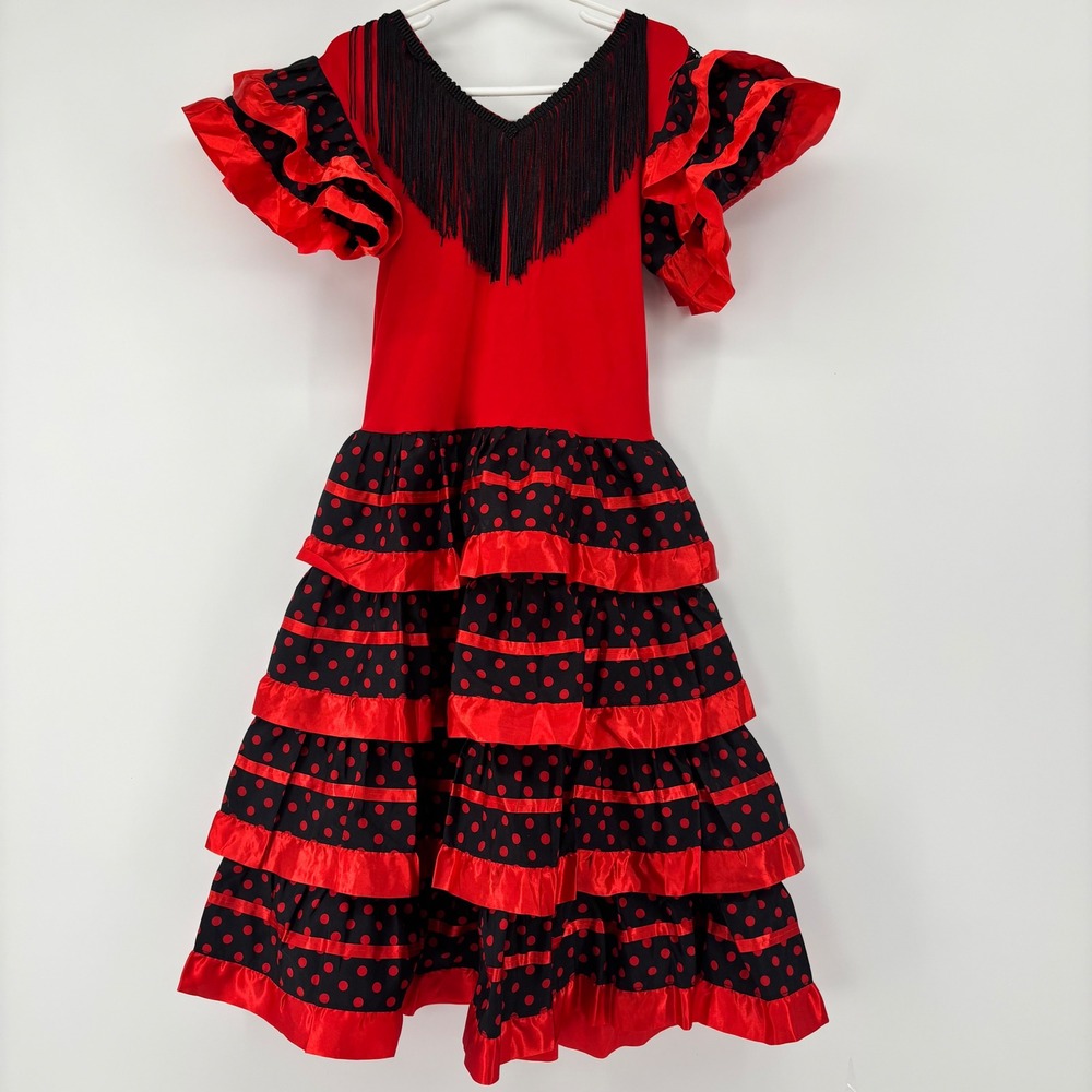 Flamenco Time Red Black Polka Dot Fringe Ruffle Spanish Dance Dress Kids Size 8